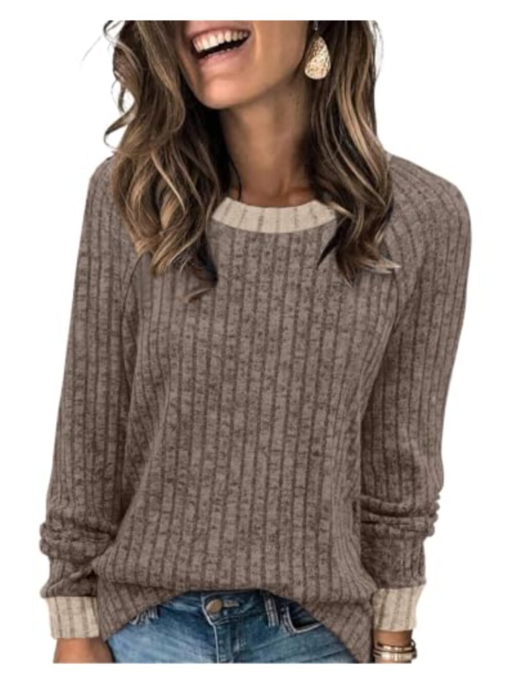 Womens Lightweight Color Block Crew Neck Sweatshirt Long Sleeve Pullover